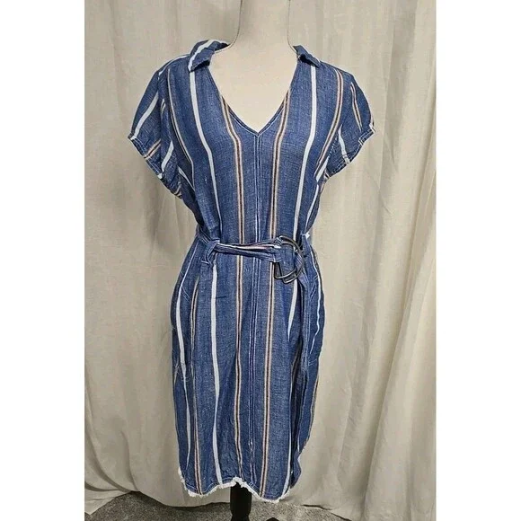 Pilcro by Anthropologie Linen Blend Belted Shift Dress Blue Stripe Women’s Sz 12 - Picture 4 of 10